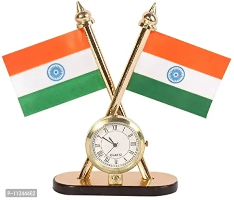 Atipriya Cross Indian National Flag with Desk Clock for Car Dashboard, Study Table, Office Table Comes with Brass Stand-thumb0