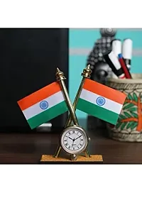 Atipriya Cross Indian National Flag with Desk Clock for Car Dashboard, Study Table, Office Table Comes with Brass Stand-thumb4