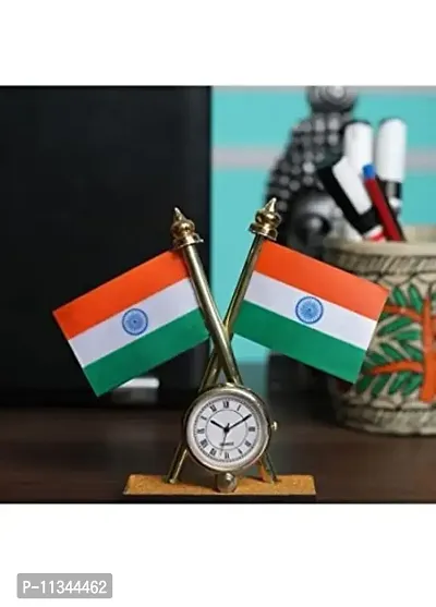 Atipriya Cross Indian National Flag with Desk Clock for Car Dashboard, Study Table, Office Table Comes with Brass Stand-thumb5