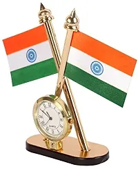 Atipriya Cross Indian National Flag with Desk Clock for Car Dashboard, Study Table, Office Table Comes with Brass Stand-thumb3