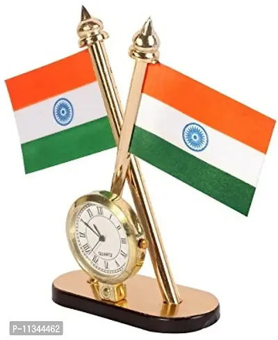 Atipriya Cross Indian National Flag with Desk Clock for Car Dashboard, Study Table, Office Table Comes with Brass Stand-thumb4