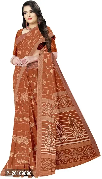 Stylish Chiffon Brown Printed Saree with Blouse piece For Women