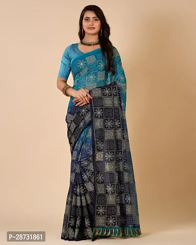 Stylish Chiffon Blue Printed Saree with Blouse piece For Women