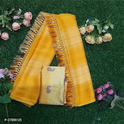 Stylish Yellow Silk Blend Saree With Blouse Piece For Women
