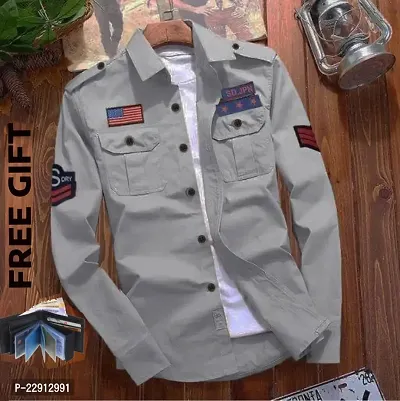 Strikey Grey Patch Shirt with Tan Ablum