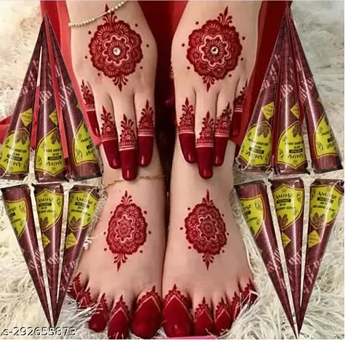 Amina Henna Instant Tatto Red Outline Mehndi / No Chemicals Dyes - Color Paste Cone (Red, 12 Cone) (1 Box) Natural Mehendi (Pack of 12)