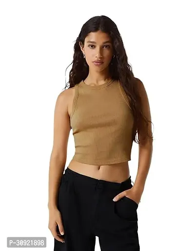 SIYARA Round Neck Sleeveless Ribbed Cotton Crop TOP for Women-thumb0