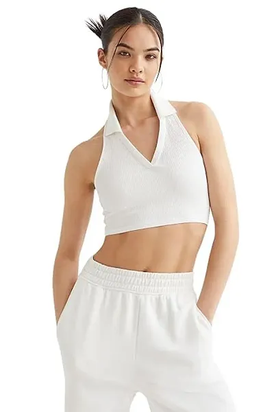 Stylish Womens Open Back Collared Ribbed Crop Top