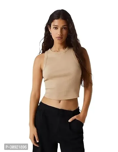 Siyara Round Neck Sleeveless Ribbed Cotton Crop Top for Women-thumb0