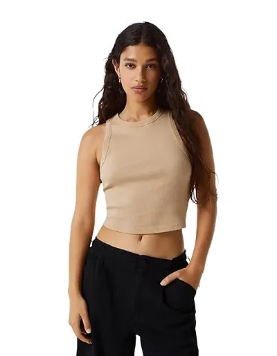 Stylish Round Neck Sleeveless Ribbed Crop Top For Women