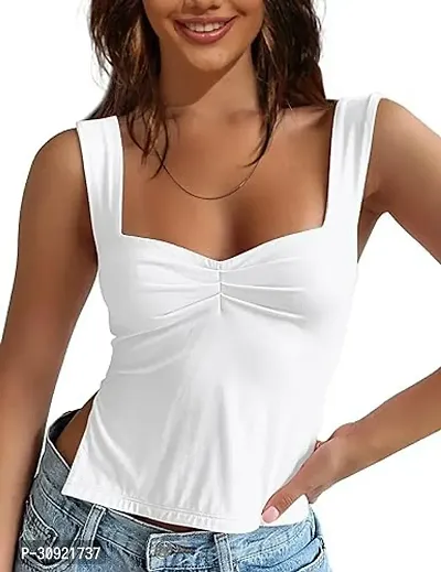 SIYARA Sweetheart Ruched Neck Sleeveless Slide Split Crop TOP for Women