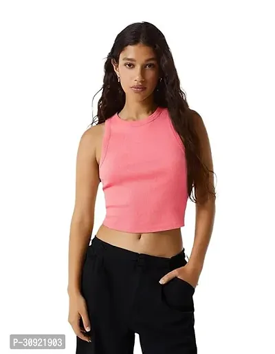 SIYARA Round Neck Sleeveless Ribbed Cotton Crop TOP for Women