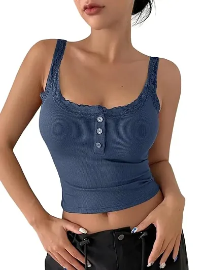 Stylish Lace Trim Button Front Wide Strap Top For Women