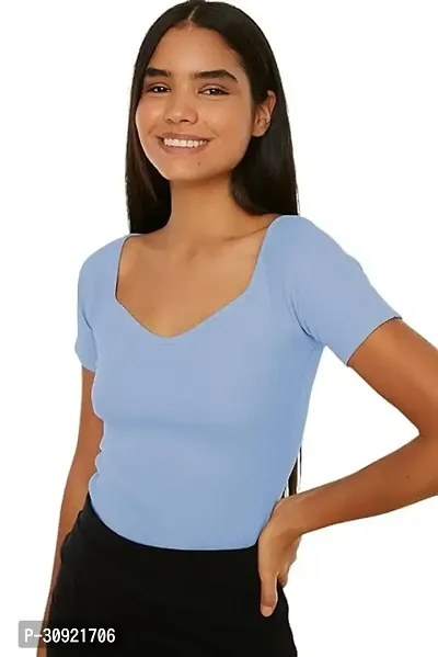 SIYARA Womens Heart Neck Short Sleeves Cotton Ribbed Top-thumb0