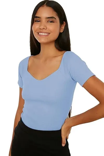 Stylish Womens Heart Neck Short Sleeves Ribbed Top