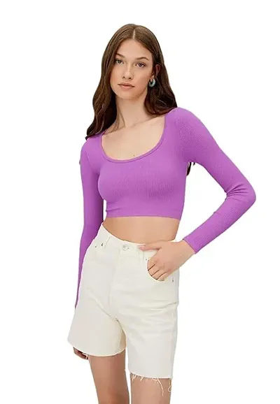 Stylish Deep Round Neck Full Sleeves Ribbed Crop Top For Women