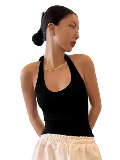 Stylish Ribbed Halter Neck Tie Back Top For Women