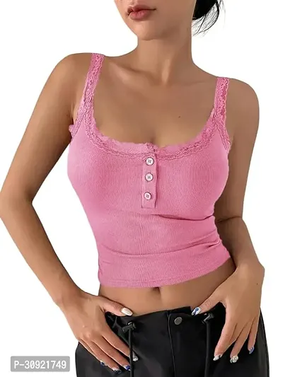 SIYARA LACE Trim Button Front Wide Strap TOP for Women