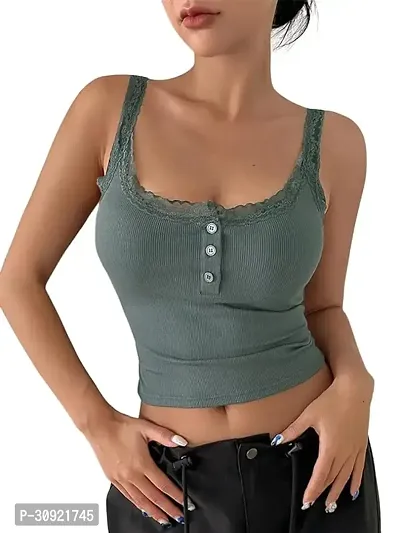 SIYARA LACE Trim Button Front Wide Strap TOP for Women-thumb0