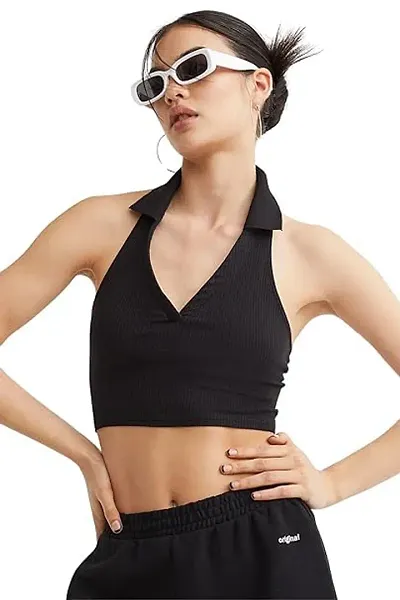 Stylish Womens Open Back Collared Ribbed Crop Top