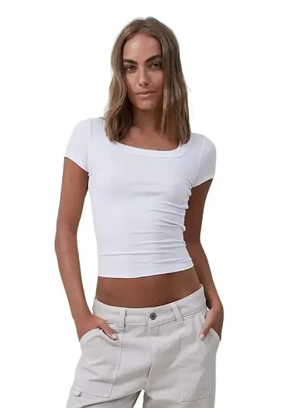 Stylish Staple Ribbed Scoop Neck Half Sleeves Ribbed Top For Women