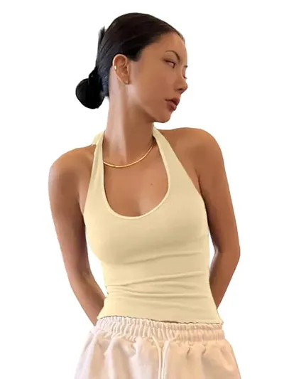 Stylish Ribbed Halter Neck Tie Back Top For Women