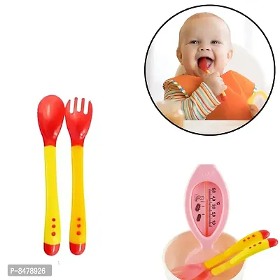 Heat Sensitive 2 Spoons 2 Forks Set, Silicone Tip, Red And Yellow