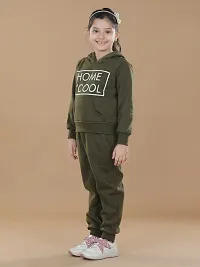 Charming Olive Fleece Graphic Print Tracksuit For Girls-thumb2