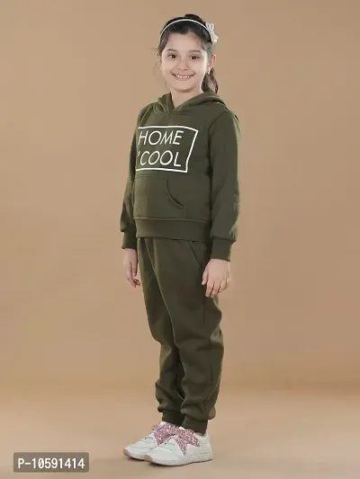 Charming Olive Fleece Graphic Print Tracksuit For Girls-thumb3