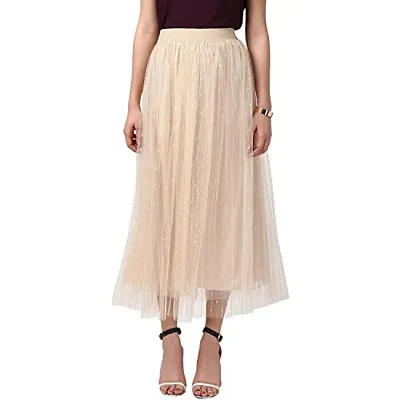 StyleStone Women's Beige Embroidered Pleated Skirt (3540PleatBeigeDotM)