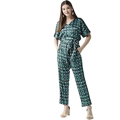 StyleStone Women's Green Check and Dot Print Satin Jumpsuit (3473GrnChkDotJSL)