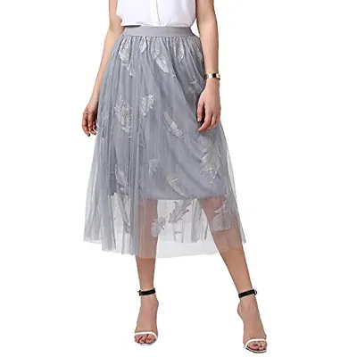 StyleStone Women's Grey Embroidered Pleated Skirt (3538PleatGreyLeafXL)