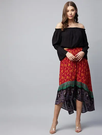 Contemporary Black Pure Cotton Printed Top And Skirt Set For Women