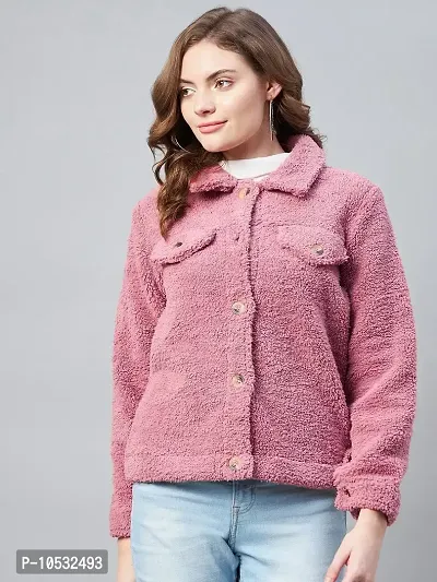 Stylish Pink Fleece Self Design Button Jackets For Women-thumb4