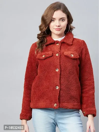 Stylish Red Fleece Self Design Button Jackets For Women-thumb0