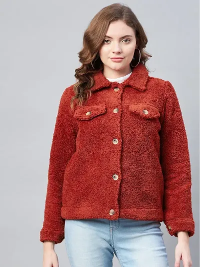Stylish Red Fleece Self Design Button Jackets For Women