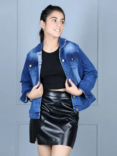Fabulous Blue Denim Solid Jackets For Girls