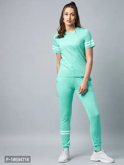 Stylish Green Cotton Solid Sports Top with Bottom Set For Women-thumb0