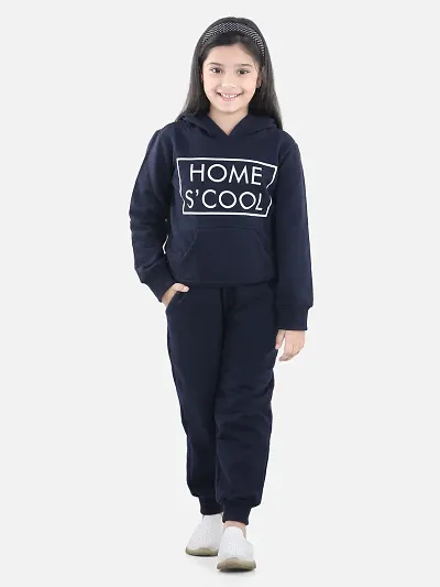 Charming Navy Blue Cotton Jersey Printed Tracksuit For Girls