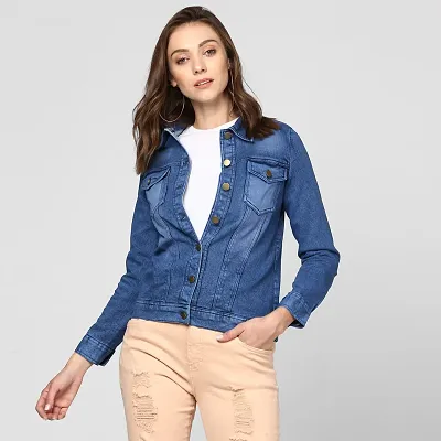 Stylish Blue Denim Washed Button Jackets For Women