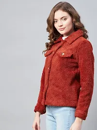 Stylish Red Fleece Self Design Button Jackets For Women-thumb2