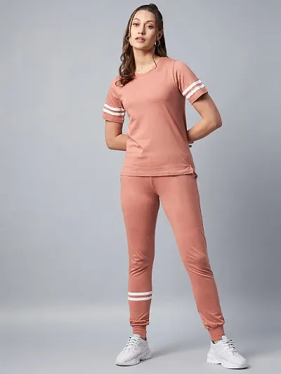 Stylish Pink Cotton Solid Sports Top with Bottom Set For Women
