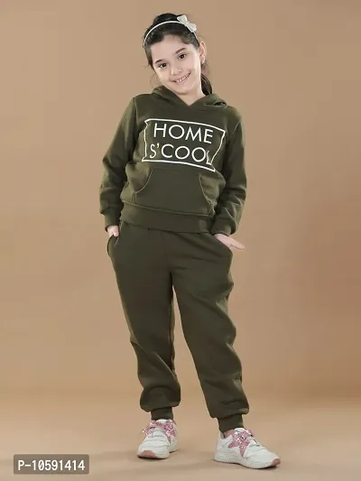 Charming Olive Fleece Graphic Print Tracksuit For Girls-thumb0