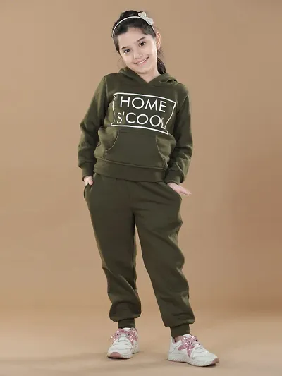Charming Olive Fleece Graphic Print Tracksuit For Girls