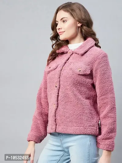 Stylish Pink Fleece Self Design Button Jackets For Women-thumb3