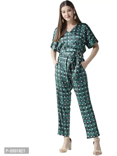 StyleStone Women's Green Check and Dot Print Satin Jumpsuit (3473GrnChkDotJSL)-thumb0