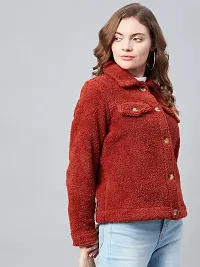 Stylish Red Fleece Self Design Button Jackets For Women-thumb3