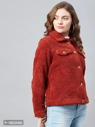 Stylish Red Fleece Self Design Button Jackets For Women-thumb4