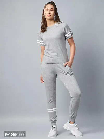 Stylish Grey Cotton Solid Sports Top with Bottom Set For Women-thumb0