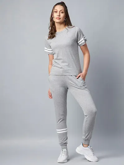 Stylish Grey Cotton Solid Sports Top with Bottom Set For Women